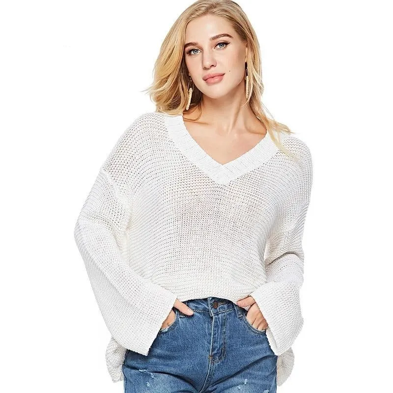 Women V Neck Loose Hollow Out Knitwear Sweater Sexy White Jumper