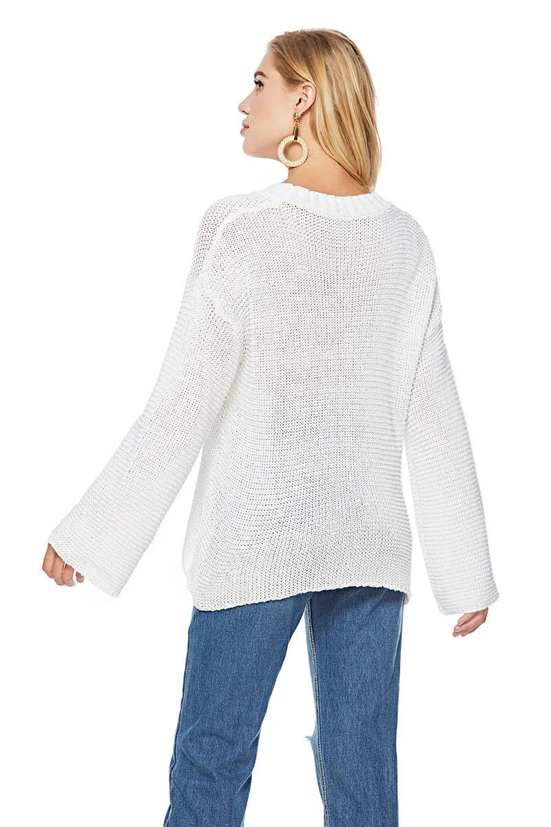 Women V Neck Loose Hollow Out Knitwear Sweater Sexy White Jumper