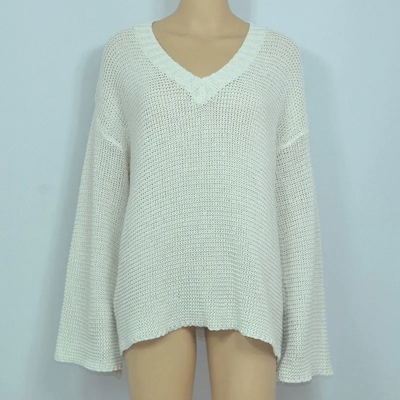 Women V Neck Loose Hollow Out Knitwear Sweater Sexy White Jumper