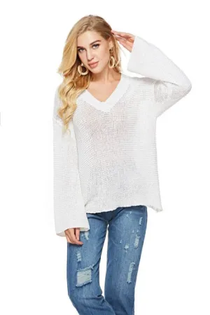 Women V Neck Loose Hollow Out Knitwear Sweater Sexy White Jumper