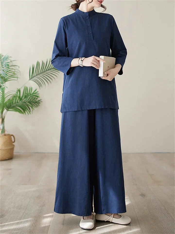 Women's Elegant Cozy Solid Color Stand Collar Shirt   Wide Leg Pants
