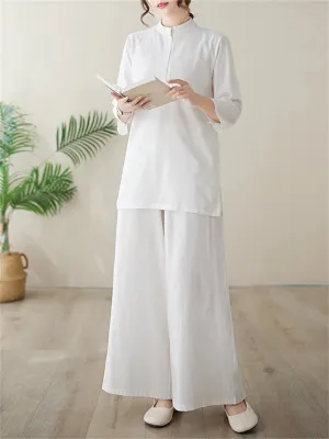 Women's Elegant Cozy Solid Color Stand Collar Shirt   Wide Leg Pants