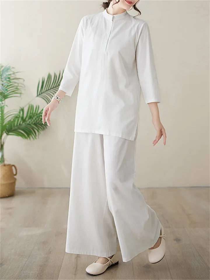 Women's Elegant Cozy Solid Color Stand Collar Shirt   Wide Leg Pants