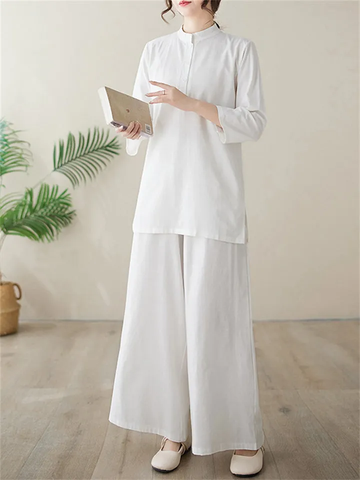 Women's Elegant Cozy Solid Color Stand Collar Shirt   Wide Leg Pants