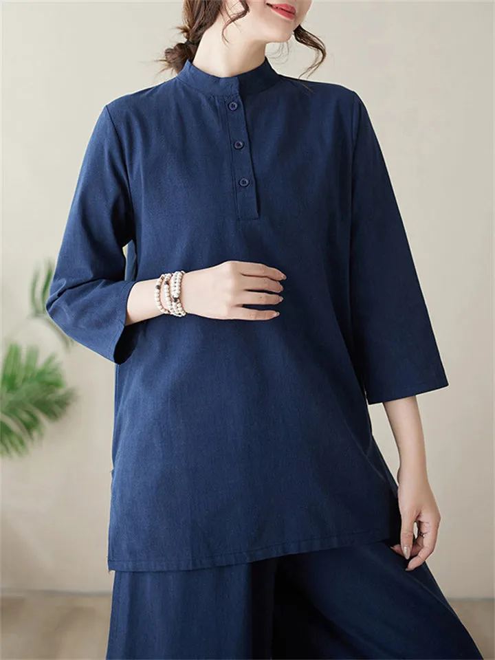 Women's Elegant Cozy Solid Color Stand Collar Shirt   Wide Leg Pants