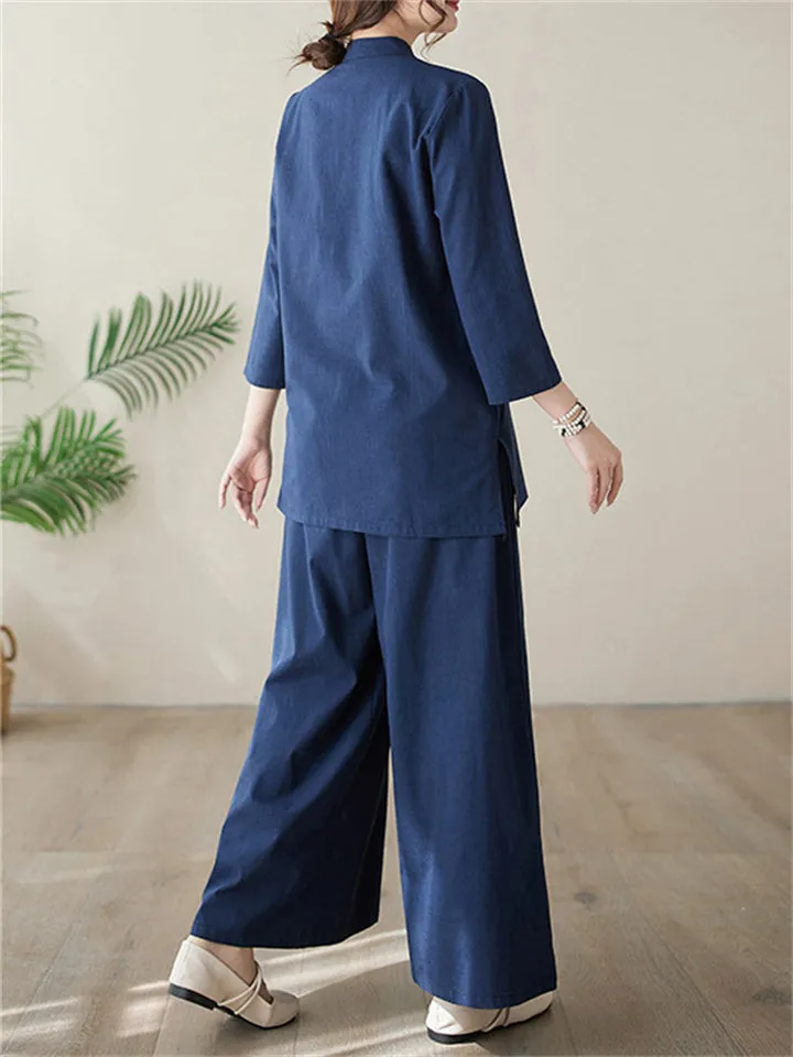 Women's Elegant Cozy Solid Color Stand Collar Shirt   Wide Leg Pants