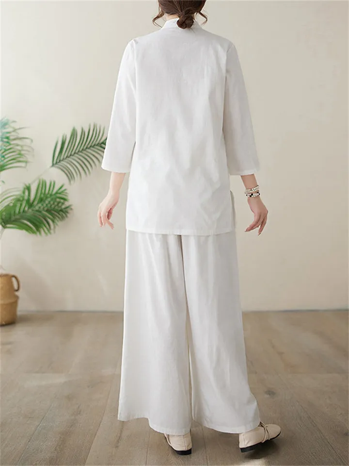 Women's Elegant Cozy Solid Color Stand Collar Shirt   Wide Leg Pants