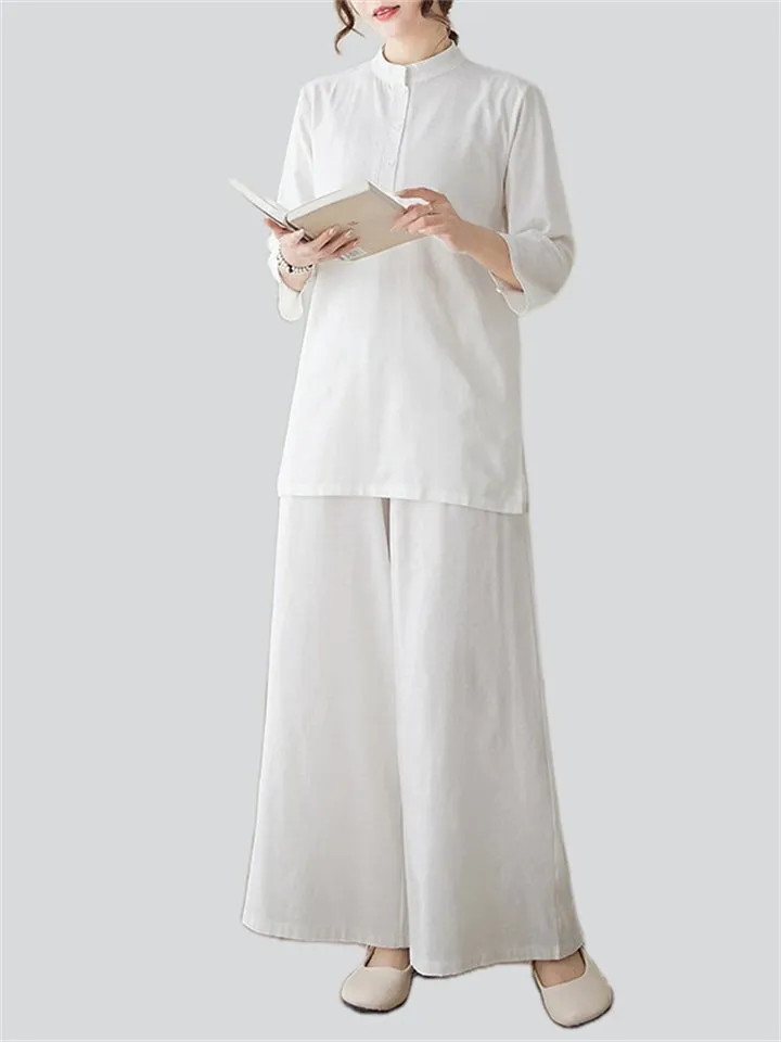 Women's Elegant Cozy Solid Color Stand Collar Shirt   Wide Leg Pants