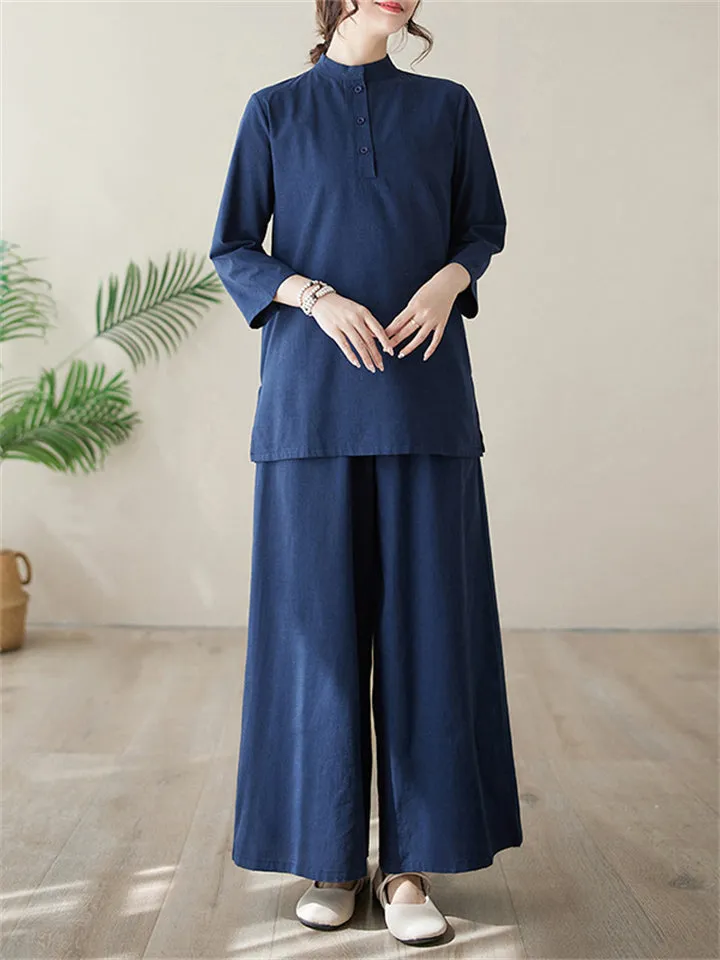 Women's Elegant Cozy Solid Color Stand Collar Shirt   Wide Leg Pants