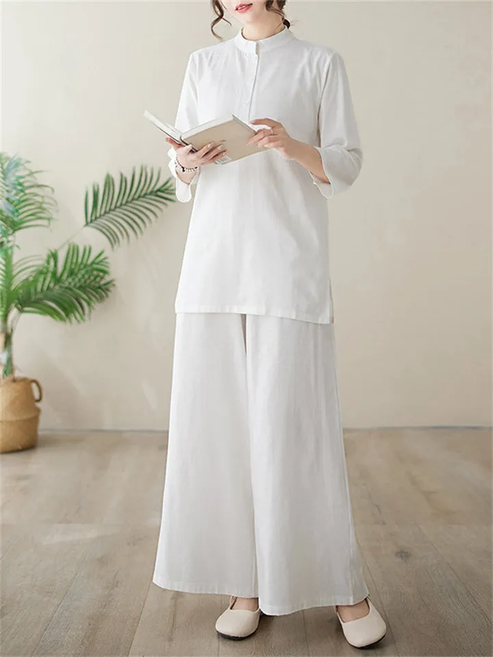 Women's Elegant Cozy Solid Color Stand Collar Shirt   Wide Leg Pants