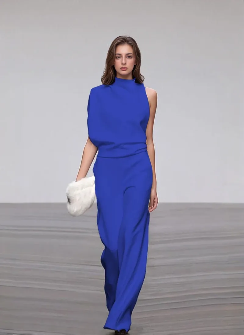 Women’s Jumpsuit – Asymmetric Neckline – Wide-Leg Fit – Elegant Drape – Evening Statement