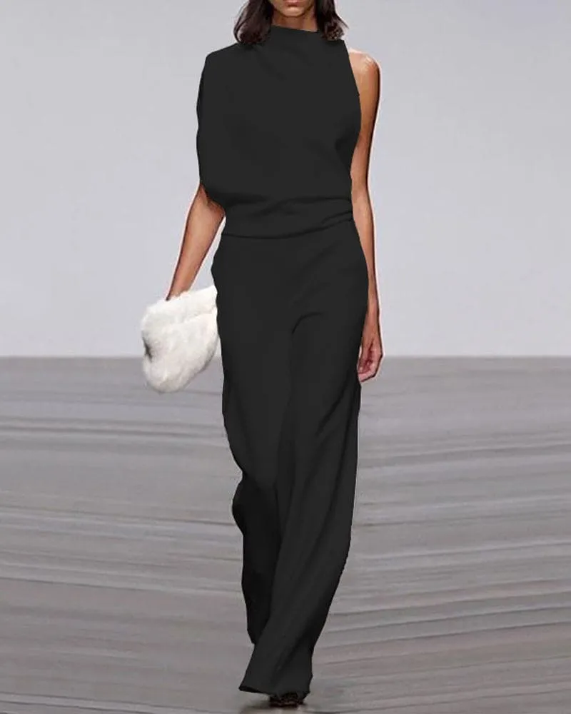 Women’s Jumpsuit – Asymmetric Neckline – Wide-Leg Fit – Elegant Drape – Evening Statement