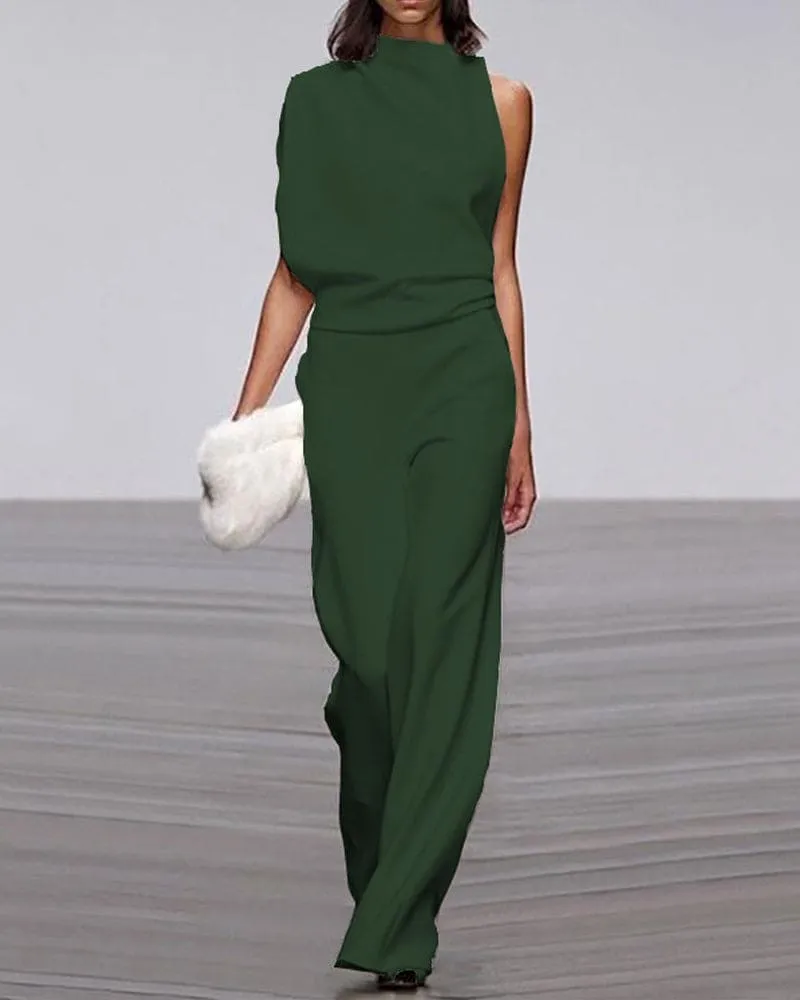 Women’s Jumpsuit – Asymmetric Neckline – Wide-Leg Fit – Elegant Drape – Evening Statement