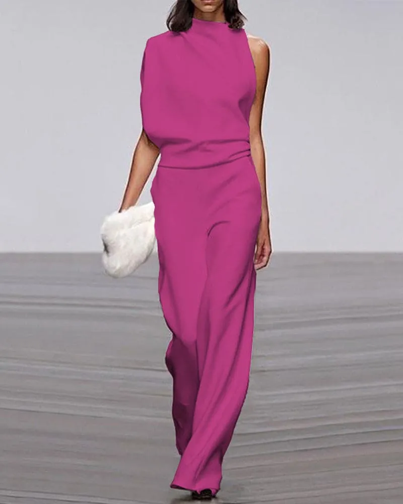Women’s Jumpsuit – Asymmetric Neckline – Wide-Leg Fit – Elegant Drape – Evening Statement