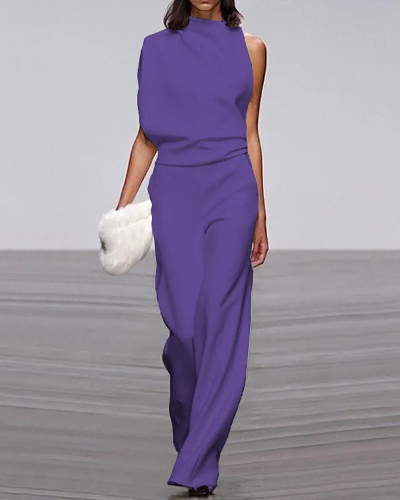 Women’s Jumpsuit – Asymmetric Neckline – Wide-Leg Fit – Elegant Drape – Evening Statement