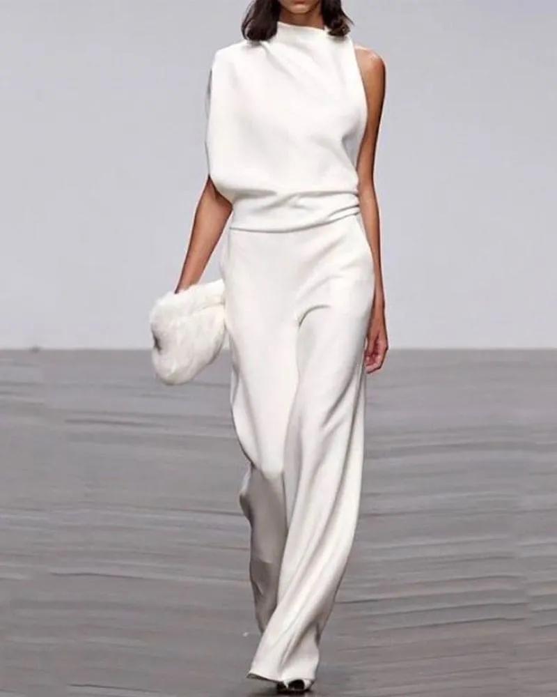 Women’s Jumpsuit – Asymmetric Neckline – Wide-Leg Fit – Elegant Drape – Evening Statement