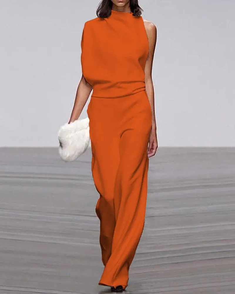Women’s Jumpsuit – Asymmetric Neckline – Wide-Leg Fit – Elegant Drape – Evening Statement