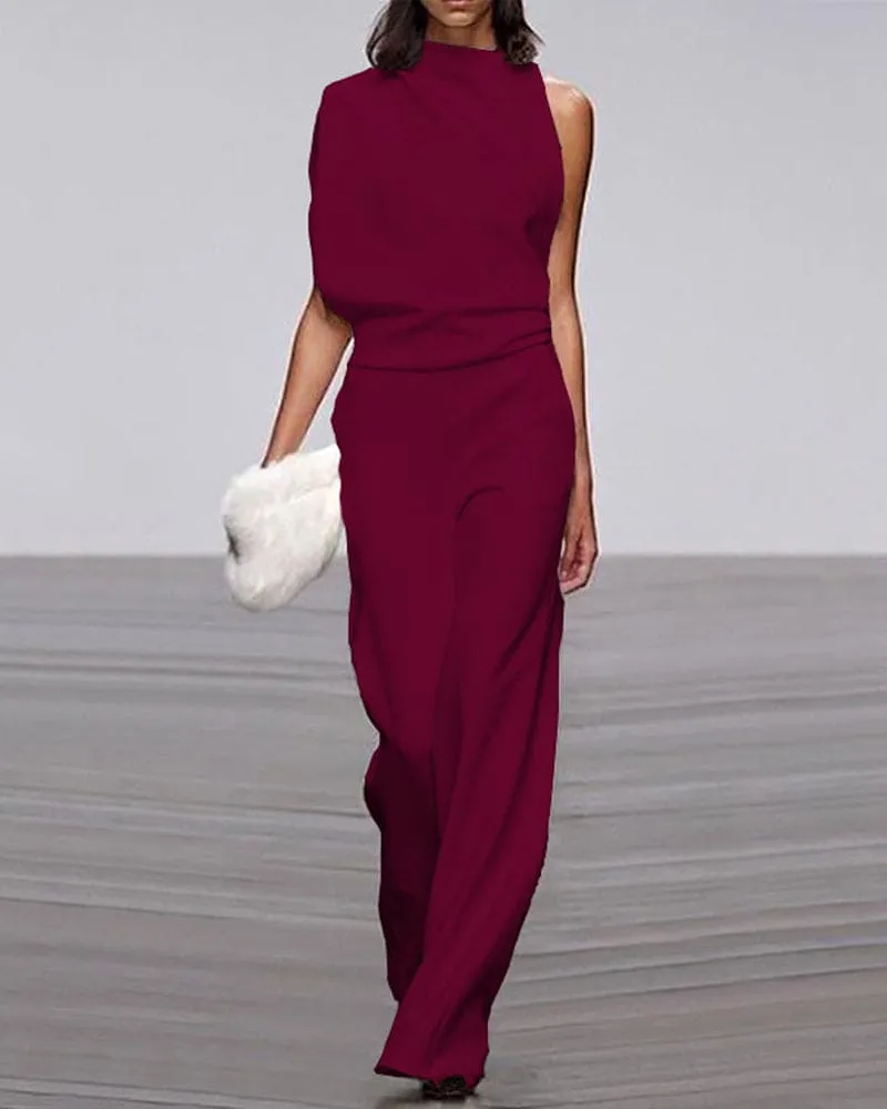 Women’s Jumpsuit – Asymmetric Neckline – Wide-Leg Fit – Elegant Drape – Evening Statement