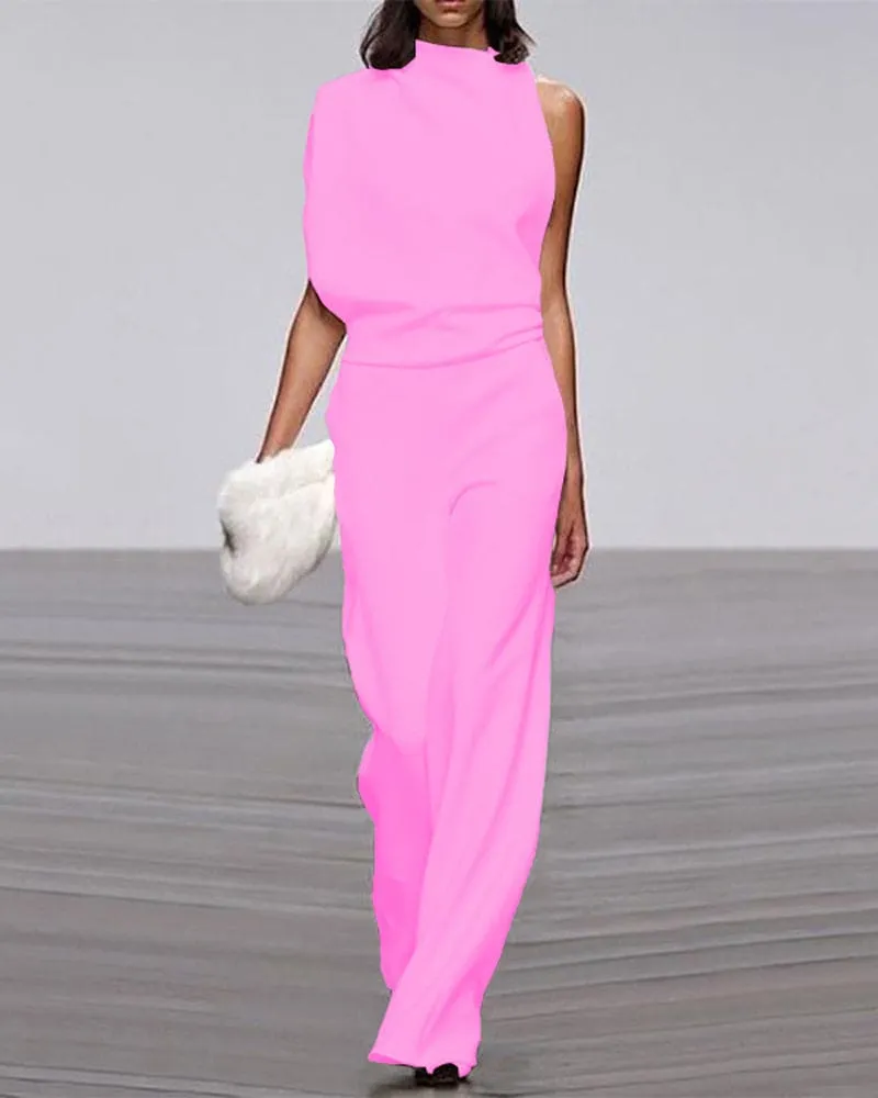 Women’s Jumpsuit – Asymmetric Neckline – Wide-Leg Fit – Elegant Drape – Evening Statement