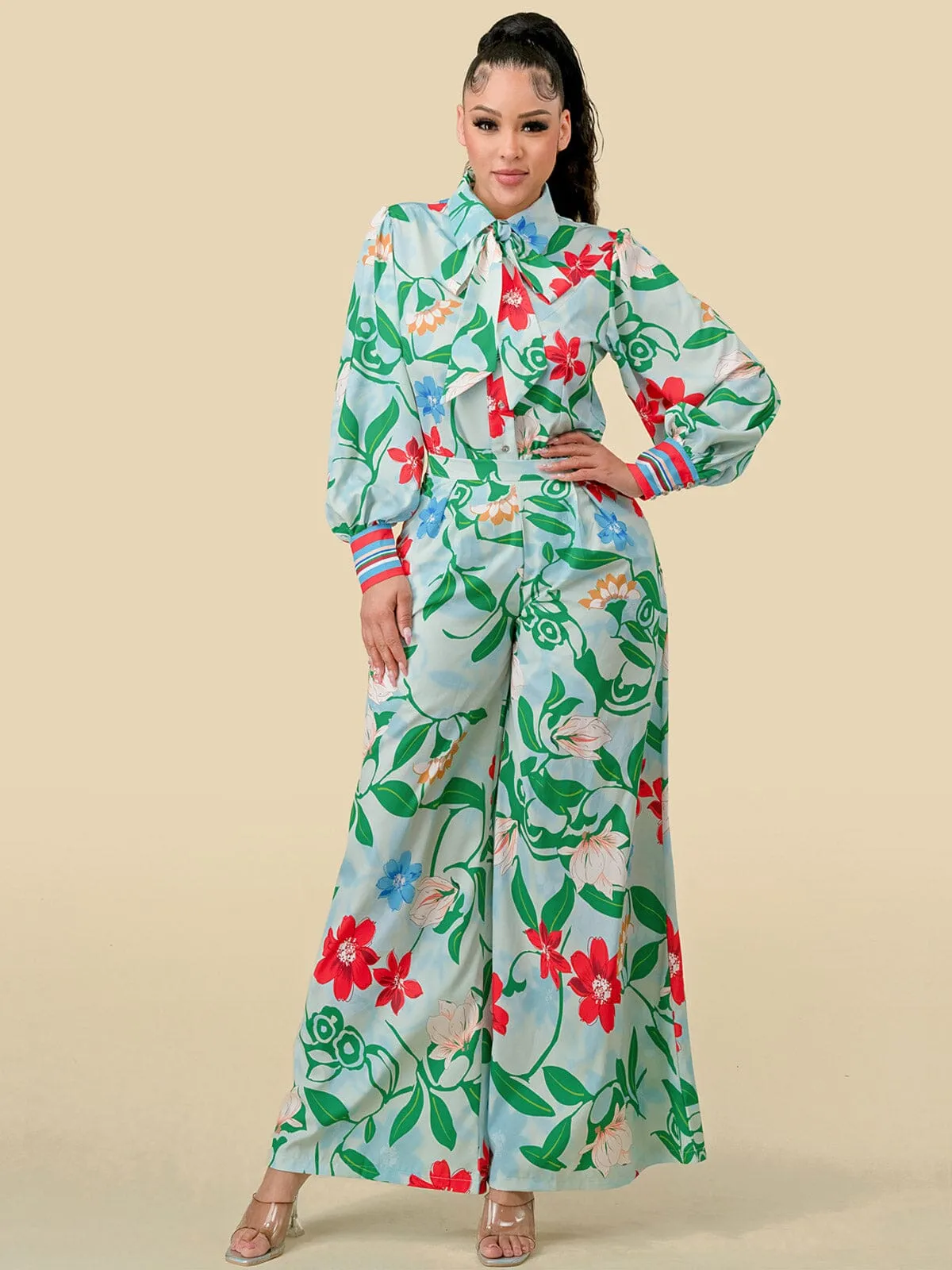 WOMEN'S LONG SLEEVE BLOUSE & WIDE LEG PANTS FLORAL PRINT 2PC. SET