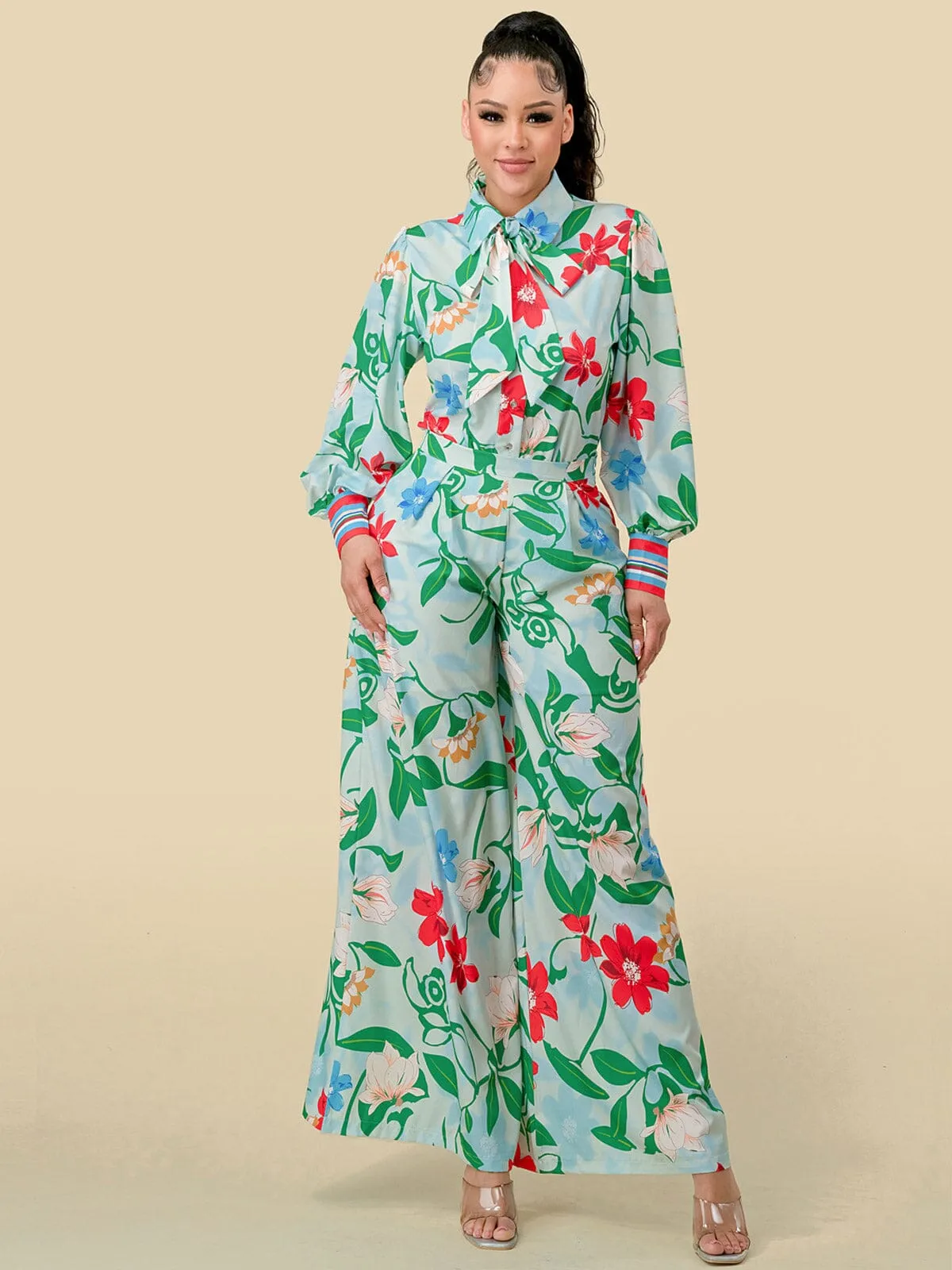 WOMEN'S LONG SLEEVE BLOUSE & WIDE LEG PANTS FLORAL PRINT 2PC. SET