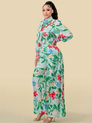 WOMEN'S LONG SLEEVE BLOUSE & WIDE LEG PANTS FLORAL PRINT 2PC. SET