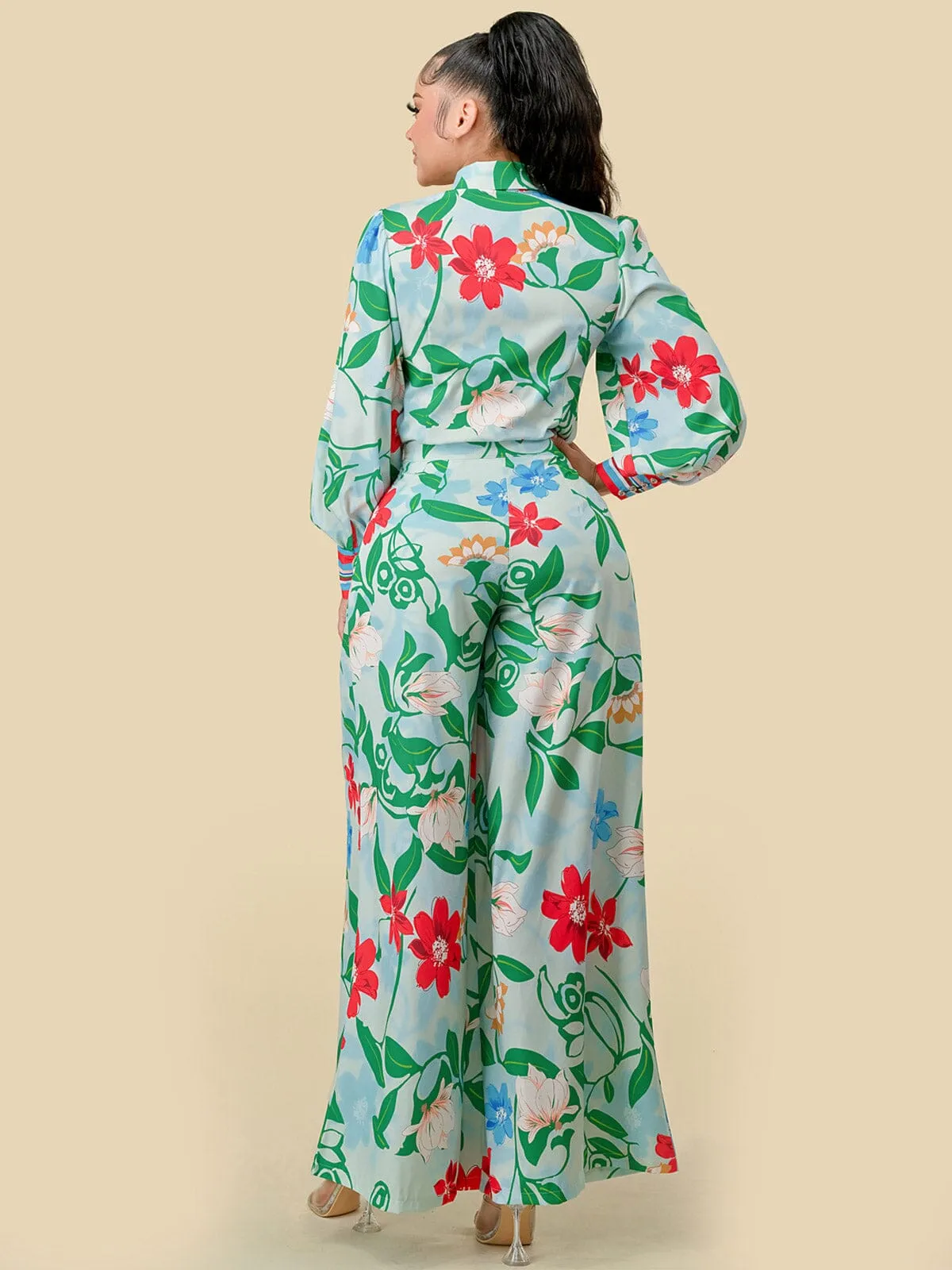 WOMEN'S LONG SLEEVE BLOUSE & WIDE LEG PANTS FLORAL PRINT 2PC. SET