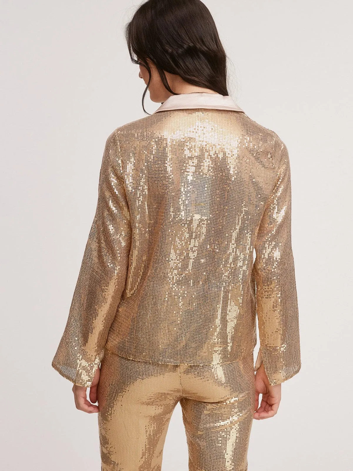 WOMENS LONG SLEEVE BUTTON UP BLOUSE & WIDE LEG PANTS SEQUINS 2PC. SET