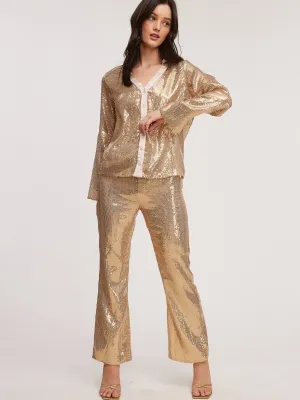 WOMENS LONG SLEEVE BUTTON UP BLOUSE & WIDE LEG PANTS SEQUINS 2PC. SET