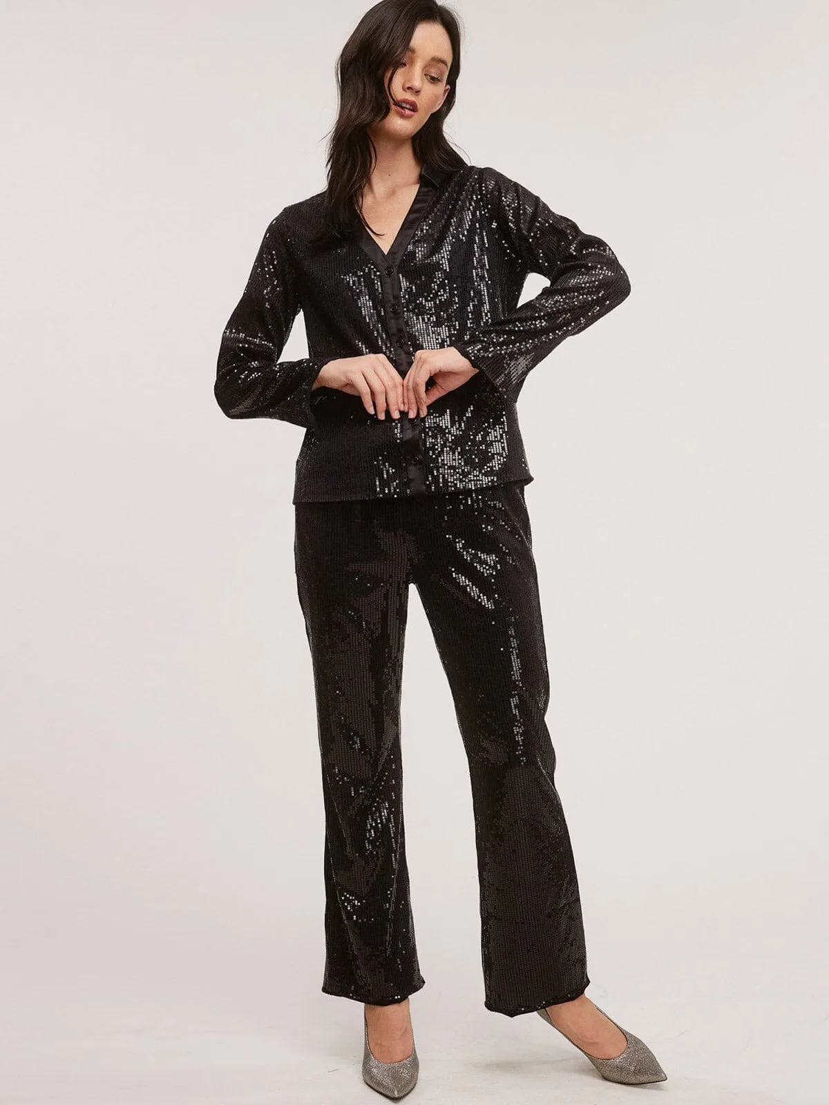 WOMENS LONG SLEEVE BUTTON UP BLOUSE & WIDE LEG PANTS SEQUINS 2PC. SET