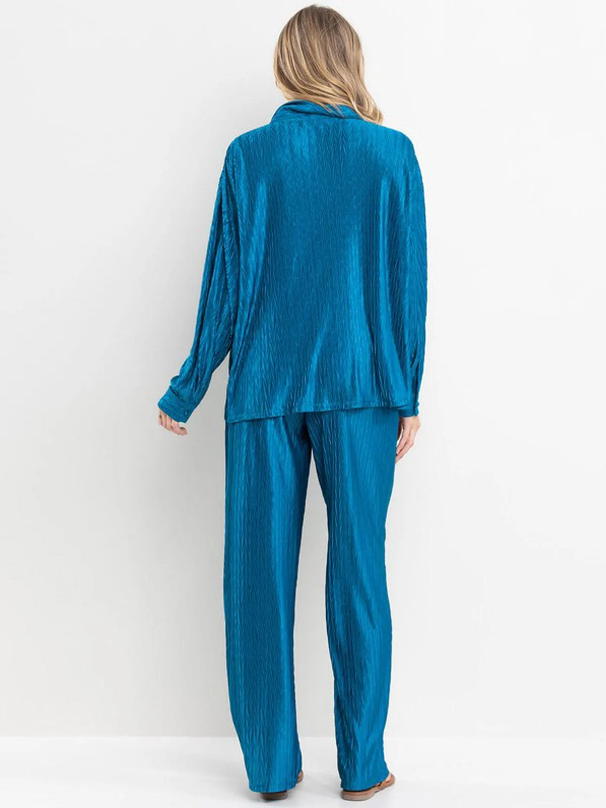 WOMEN'S LONG SLEEVE BUTTON UP TOP & WIDE LEG PANTS DETAILED 2PC. SET