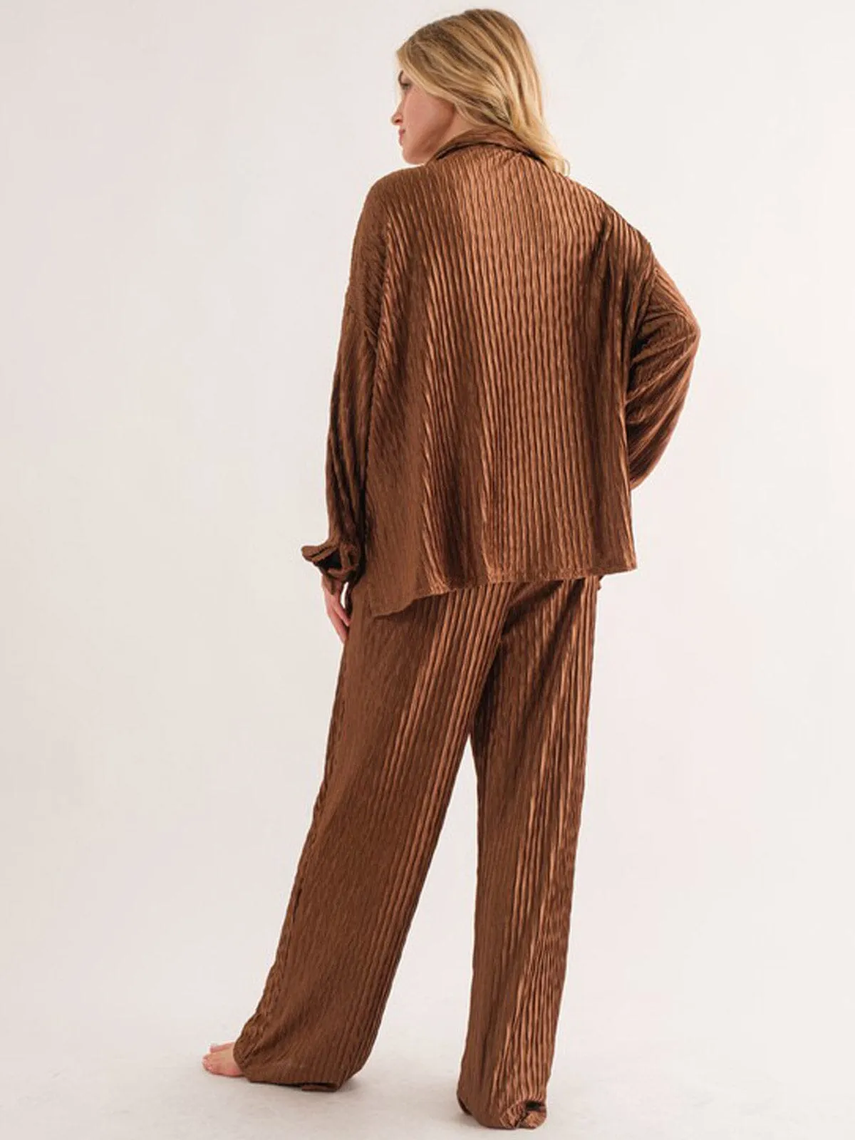 WOMEN'S LONG SLEEVE BUTTON UP TOP & WIDE LEG PANTS DETAILED 2PC. SET