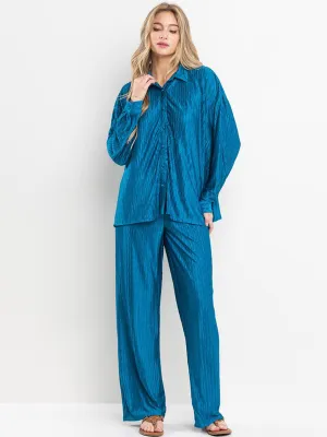 WOMEN'S LONG SLEEVE BUTTON UP TOP & WIDE LEG PANTS DETAILED 2PC. SET