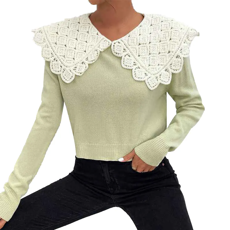 Women's Long Sleeve Collared Knit Pullover Sweater Crop Top K378