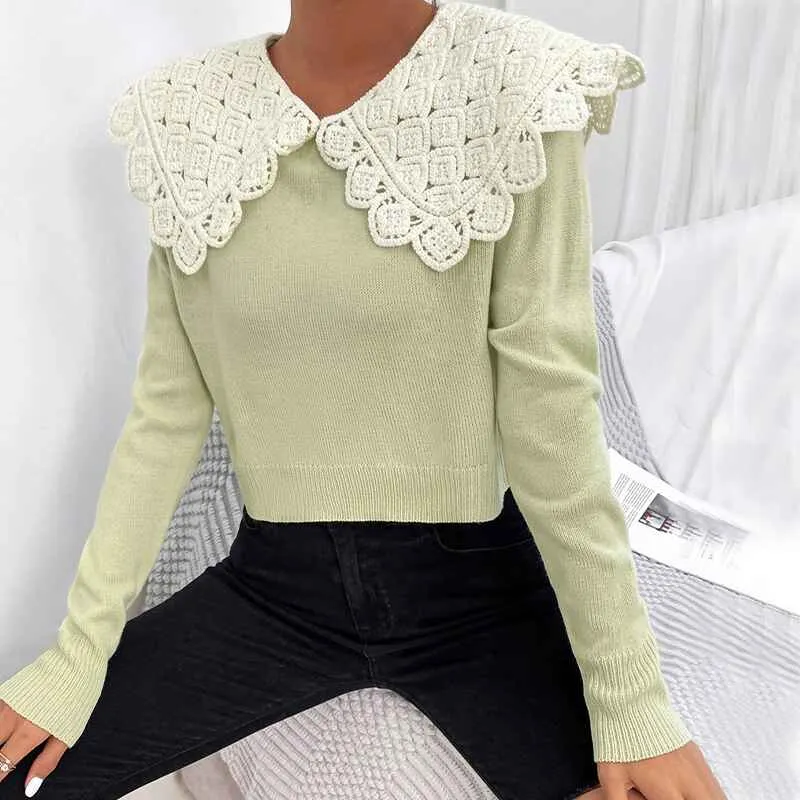 Women's Long Sleeve Collared Knit Pullover Sweater Crop Top K378