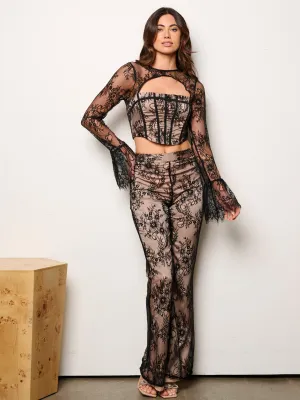 WOMEN'S LONG SLEEVE CROP TOP & WIDE LEG PANTS LACE 2PC.SET