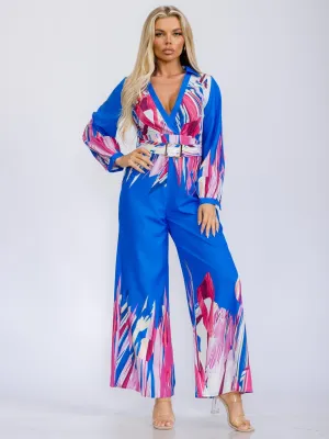 WOMEN'S LONG SLEEVE SURPLICE BELTED MULTI PRINT WIDE LEG JUMPSUIT