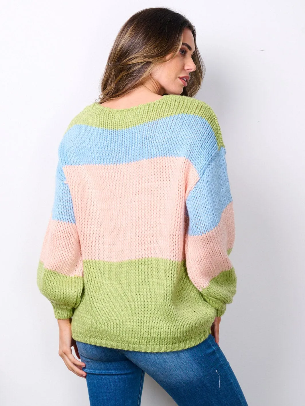 WOMEN'S LONG SLEEVE V-NECK COLORBLOCK PULLOVER SWEATER