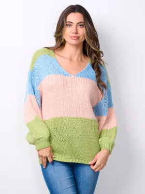 WOMEN'S LONG SLEEVE V-NECK COLORBLOCK PULLOVER SWEATER