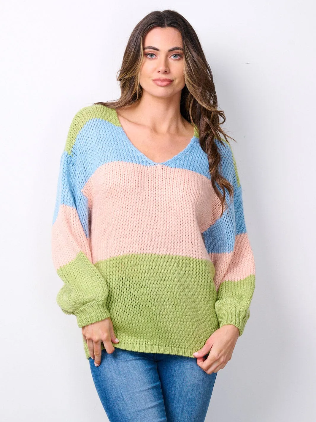 WOMEN'S LONG SLEEVE V-NECK COLORBLOCK PULLOVER SWEATER