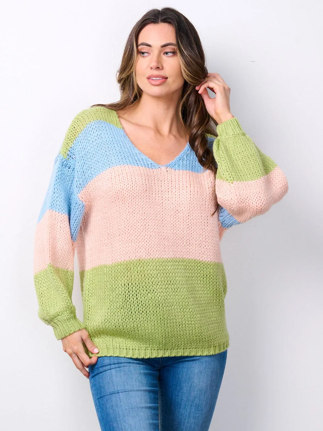 WOMEN'S LONG SLEEVE V-NECK COLORBLOCK PULLOVER SWEATER