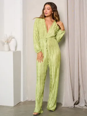 WOMEN'S LONG SLEEVE V-NECK DETAILED WIDE LEG JUMPSUIT