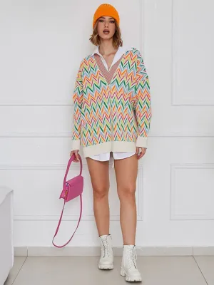 WOMEN'S LONG SLEEVE V-NECK MULTI PRINT PULLOVER SWEATER