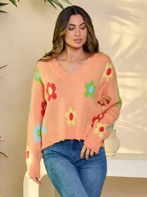 WOMEN'S LONG SLEEVE V-NECK PULLOVER FLORAL SWEATER