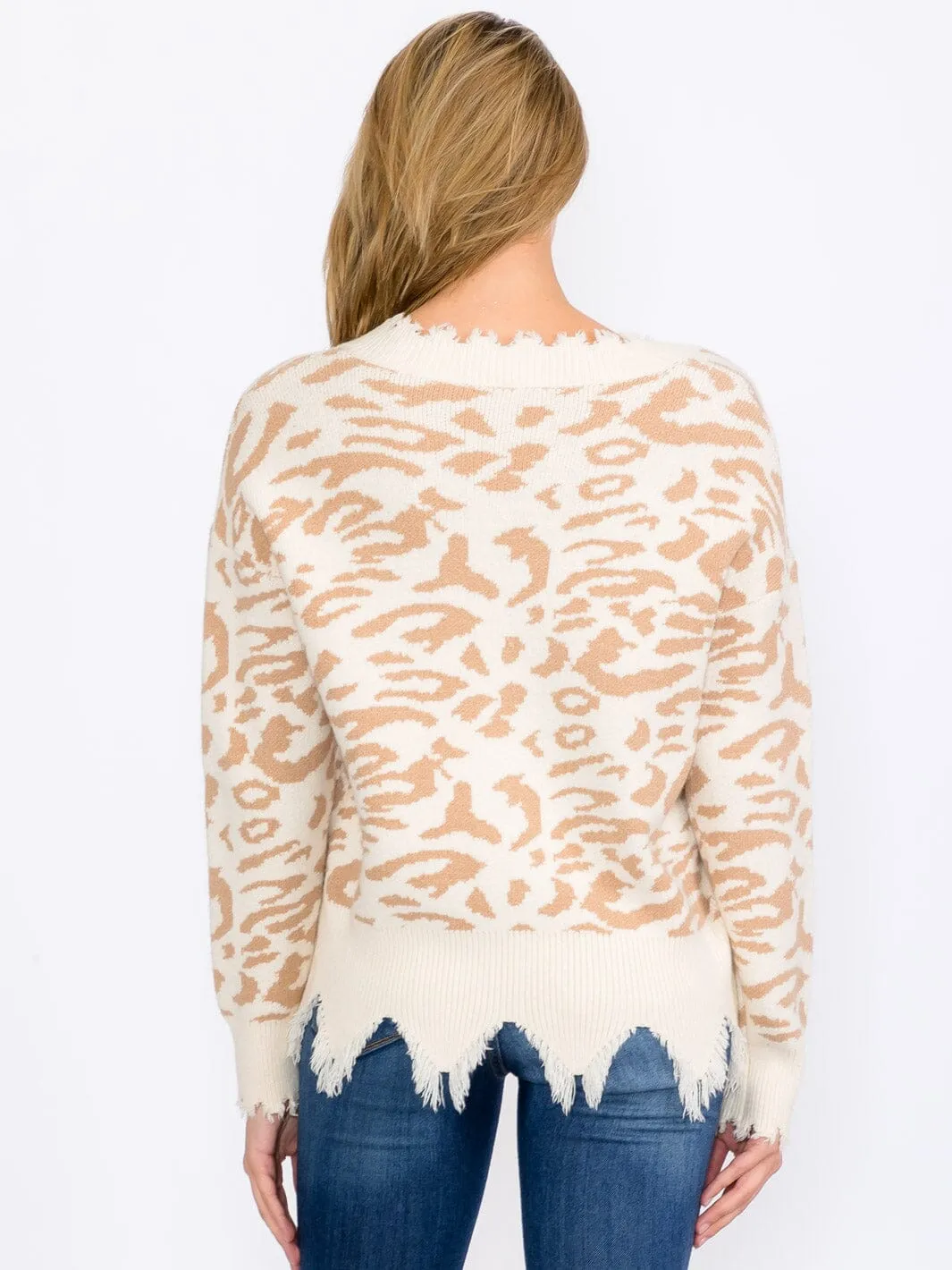 WOMEN'S LONG SLEEVES V-NECK PULLOVER COLORBLOCK ANIMAL PRINT SWEATER