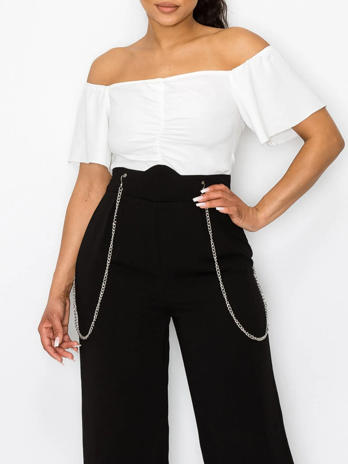 WOMEN'S OFF SHOULDER ZIP UP CHAIN DETAILED WIDE LEG JUMPSUIT