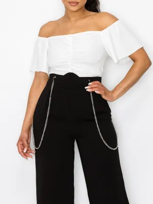WOMEN'S OFF SHOULDER ZIP UP CHAIN DETAILED WIDE LEG JUMPSUIT