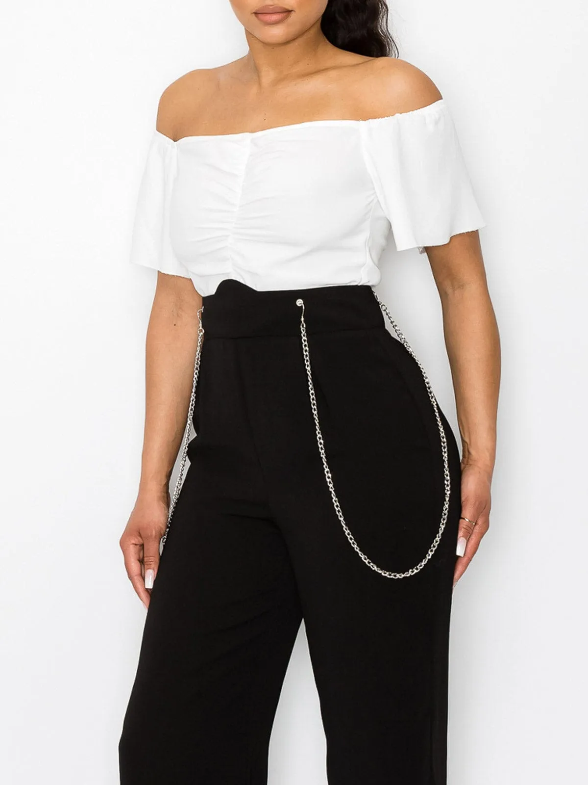 WOMEN'S OFF SHOULDER ZIP UP CHAIN DETAILED WIDE LEG JUMPSUIT
