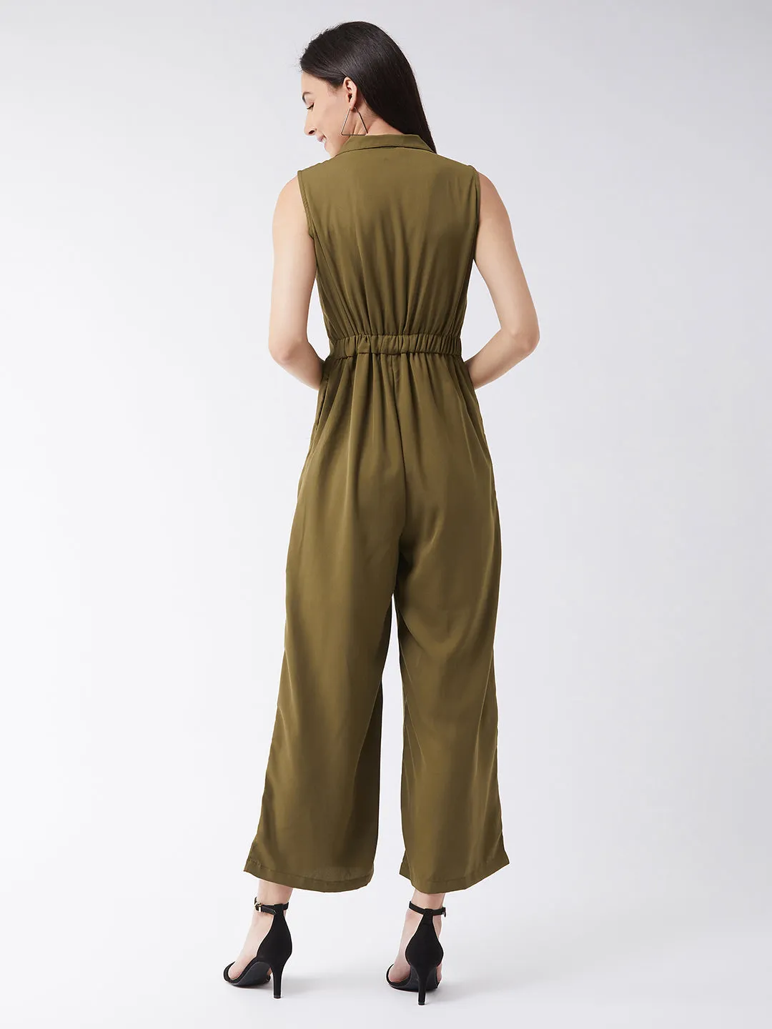 Women's Olive Green Solid Regular Length V - Neck Sleeveless Front Pleat Wide-Leg Jumpsuit