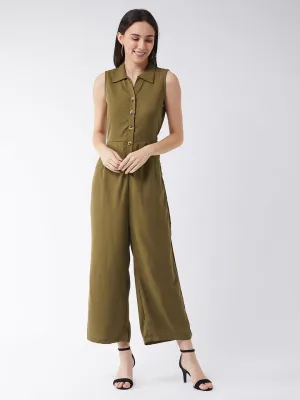 Women's Olive Green Solid Regular Length V - Neck Sleeveless Front Pleat Wide-Leg Jumpsuit